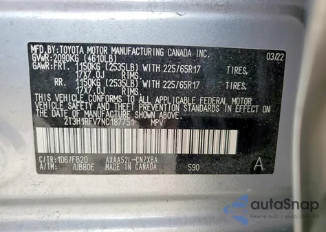 2022 Toyota Rav4 Le z USA, uszkodzony, nr VIN 2T3H1RFV7NC187751